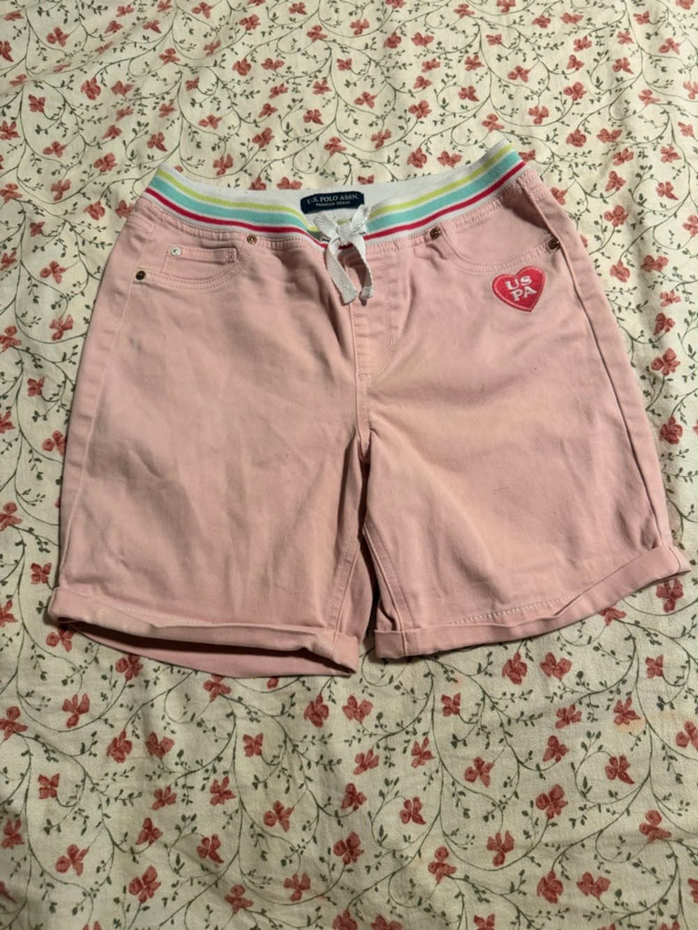 U.S. Polo Assn. Pink Girls' Shorts with Rainbow Elastic Waistband